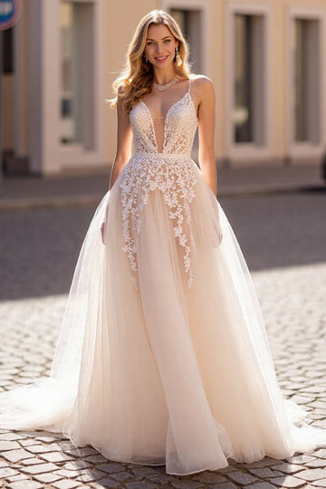 A Line Ivory Tulle Wedding Dress with Appliques